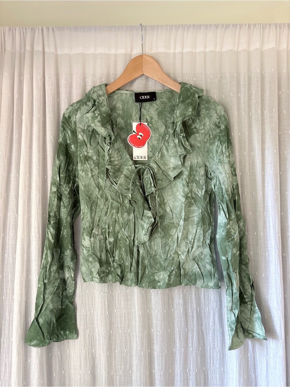 Cider Sage Green Ruffle Tie-Front Blouse